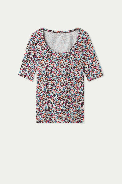 Short Sleeve, Wide-Neck Printed Cotton Top
