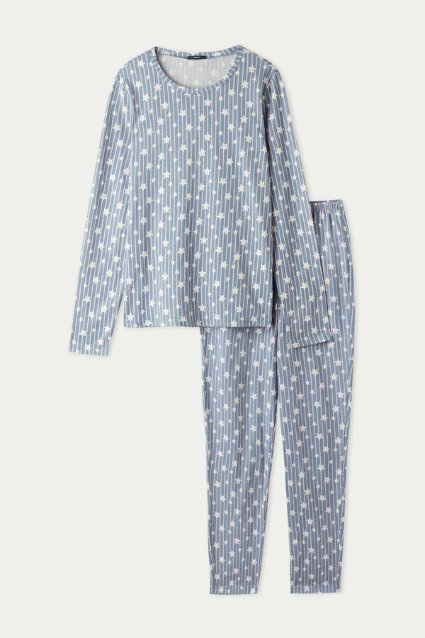 Langer Pyjama aus Baumwolle mit Nadelstreifen und Sternen  