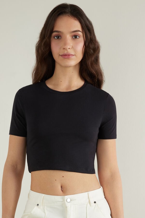 Cropped Cotton Rounded Neck T-Shirt  