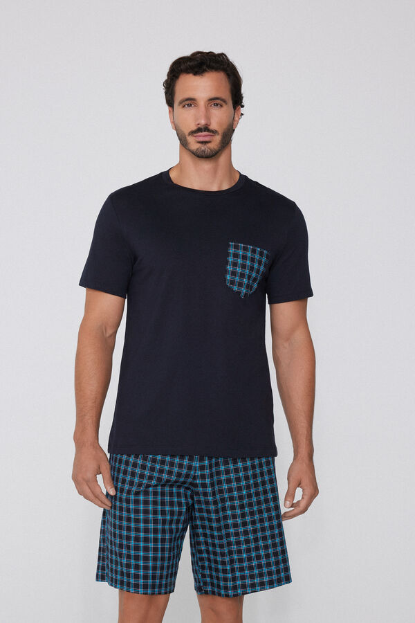 Pamut Rövid Pizsama Zsebbel és Kockás Mintával  