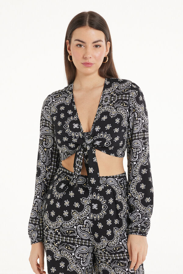 Long-Sleeved Viscose Crop Top with Knot  