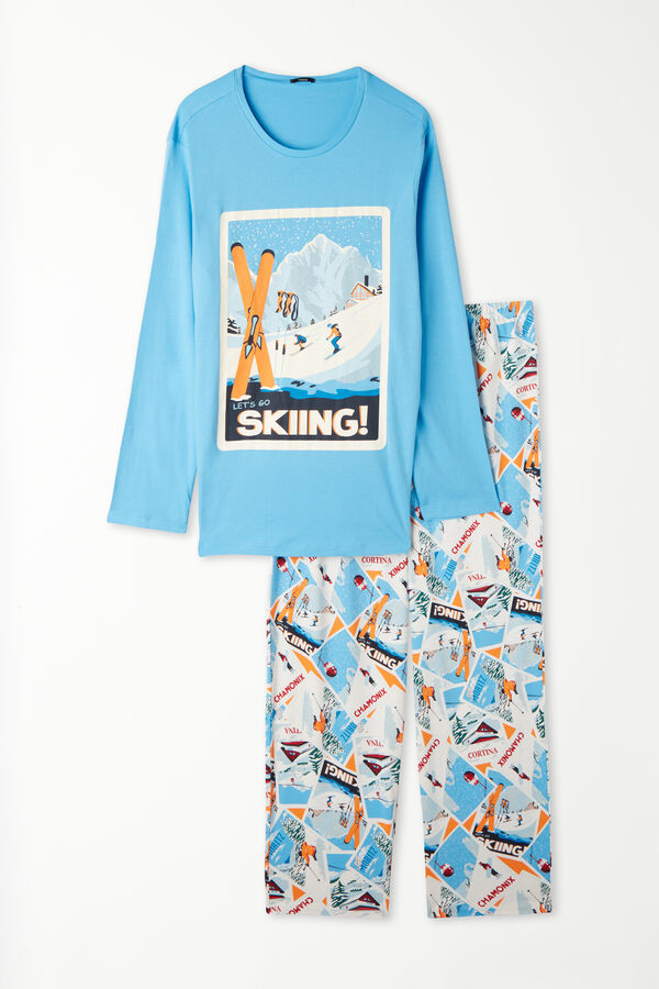 Langer Pyjama aus schwerer Baumwolle mit Ski-Print  