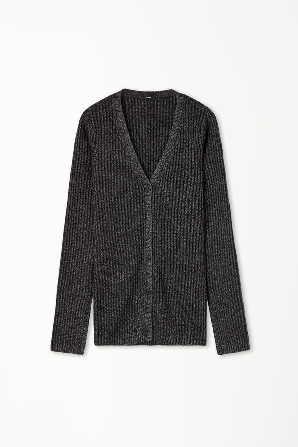Long-Sleeved Laminated Ribbed Cardigan with Buttons  