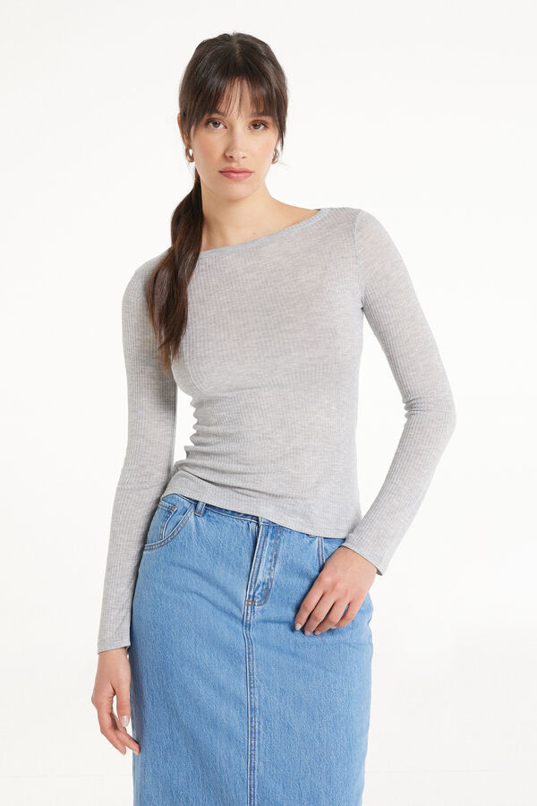 Ultralight Ribbed Viscose Top with Boat Neck and Long Sleeves  