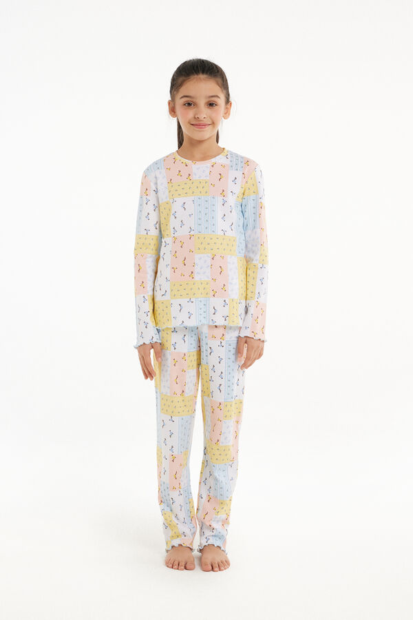 Langer Mädchenpyjama aus schwerer Baumwolle mit Blumen-Patchprint  