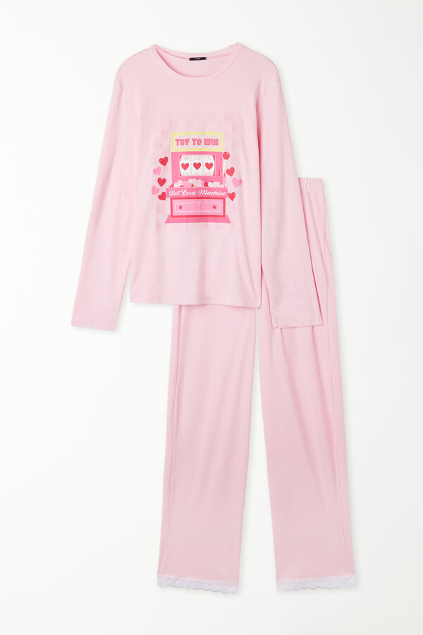 Langer Pyjama aus schwerer Baumwolle mit kleiner Spitze und Love-Machine-Print  