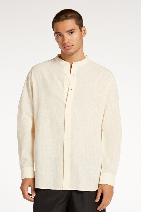 Long Sleeve Band Collar Men’s Shirt in Cotton Cloth  