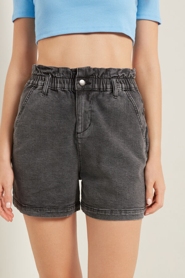 Ruched-waist jean shorts  