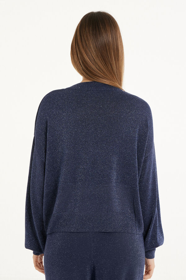 Long-Sleeved Lamé Fabric Top with Rounded Neck and Dropped Shoulders  