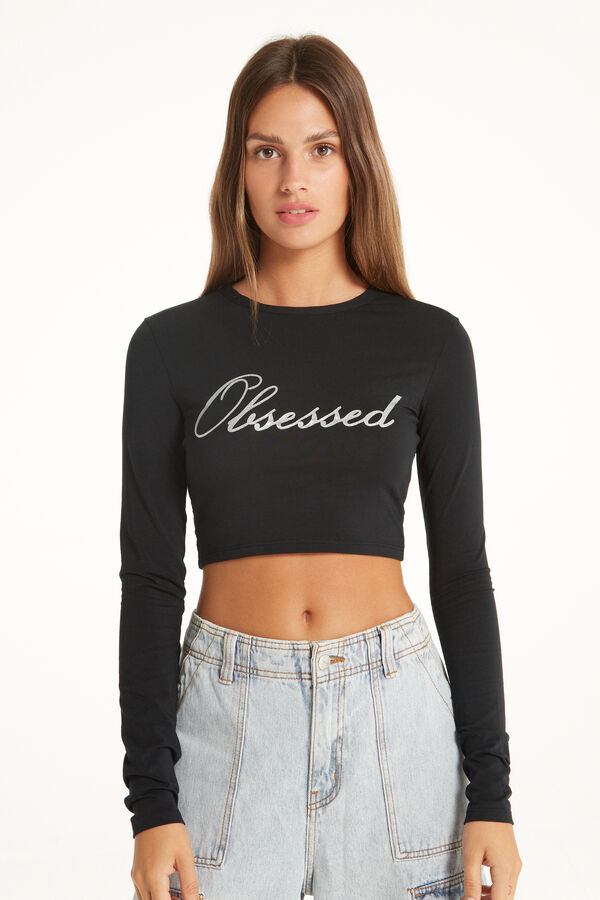 Camiseta Corta de Algodón de Manga Larga y Texto  