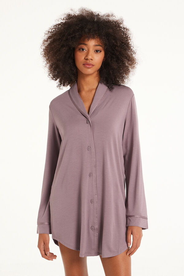 Long-Sleeved Button-Down Satin-Edged Nightgown  