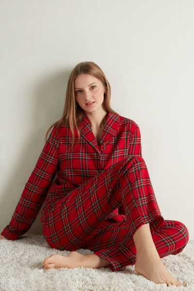 Full-Length Flannel Pajamas with Christmas Plaid Print