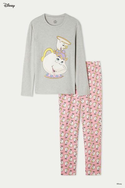Long Cotton Pyjamas with Disney Beauty Chip Mug Print