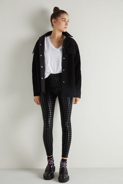 Coated-Effect, Flocked Thermal Leggings with Houndstooth Appliqué