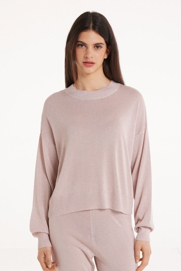 Long-Sleeved Lamé Fabric Top with Rounded Neck and Dropped Shoulders  
