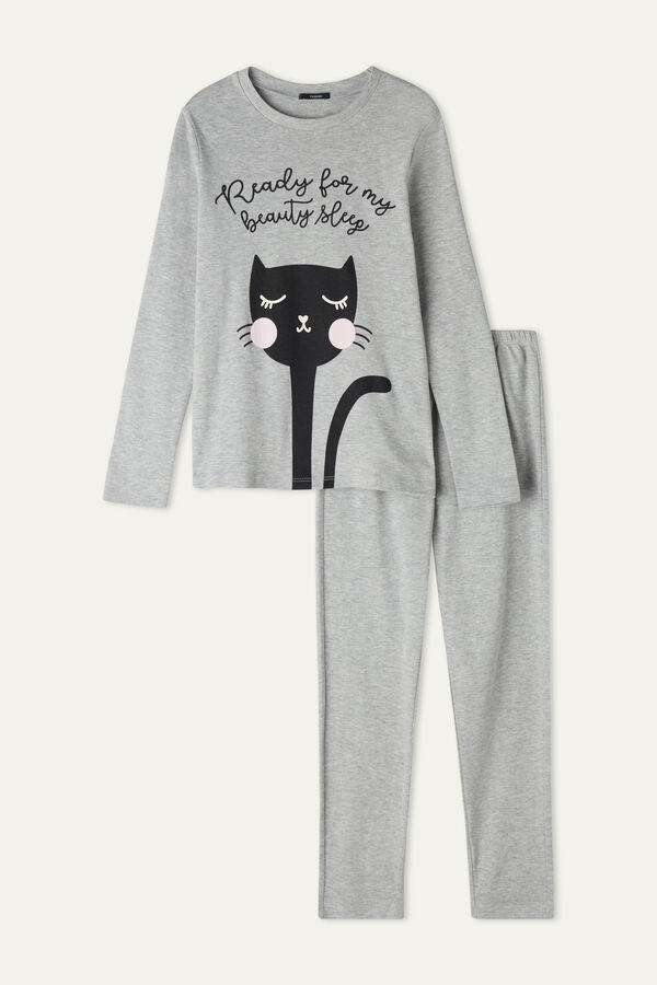 Dlouhé Dívčí Pyžamo z Bavlny Potisk Kočka  