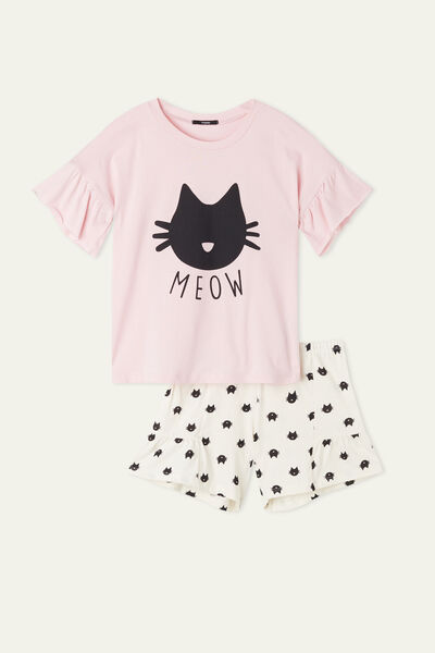 Girls’ Short Cotton Pyjamas with Cat Print