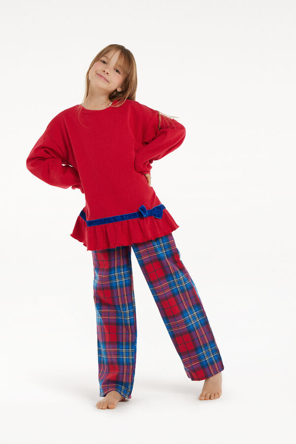 Langer Mädchen-Pyjama aus Baumwolle und Flanell mit Schleife  
