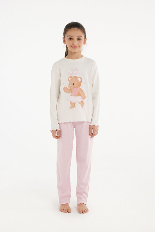 Pijama Lungă Fetițe Bumbac Gros Imprimeu Balerină  