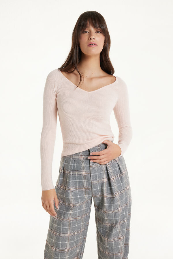 Mittelschwerer gerippter Pullover mit langen Ärmeln, V-Ausschnitt und Wolle  