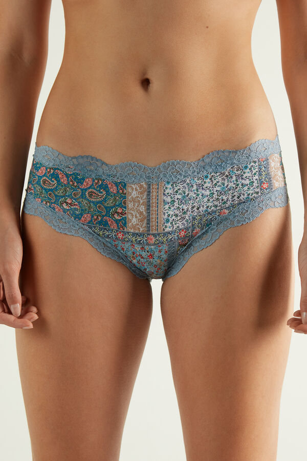 Printed Microfiber and Lace Hipster Brazilian  