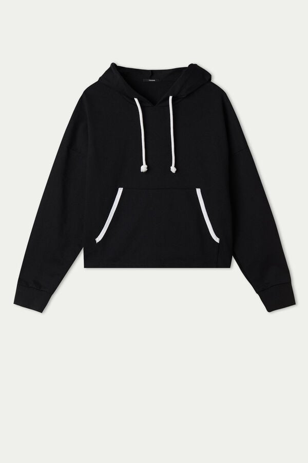 Cropped Cotton Hoodie Sweatshirt with Piping  