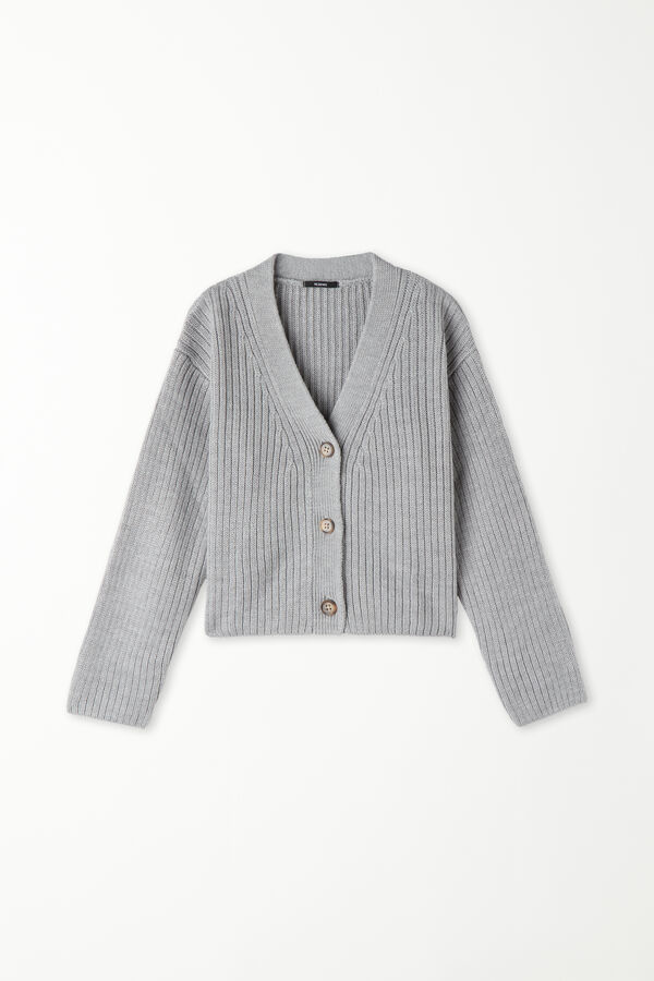 Girls’ Long-Sleeved Heavy Ribbed Cardigan with Buttons  