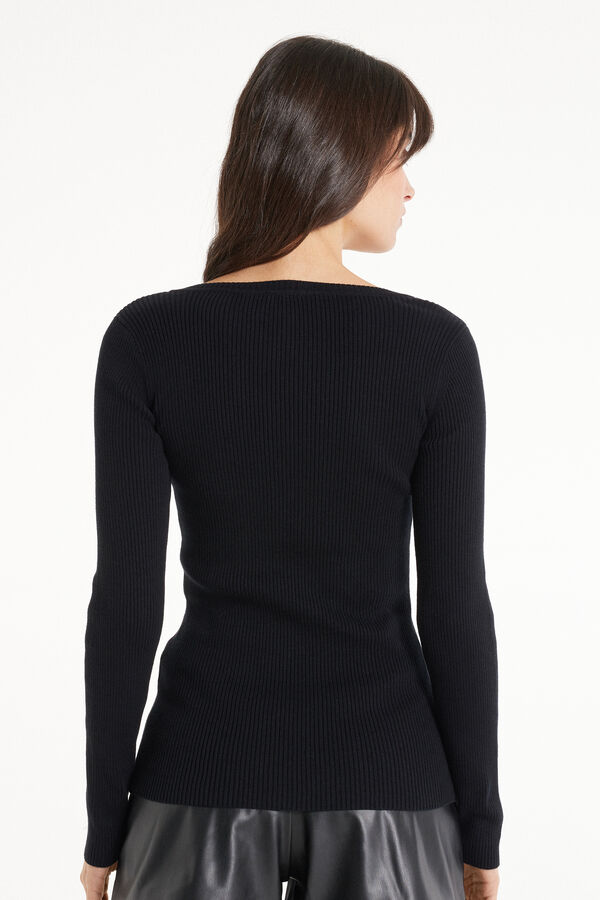 Gerippter Pullover mit langen Ärmeln mit V-Ausschnitt aus 100 % Baumwolle  