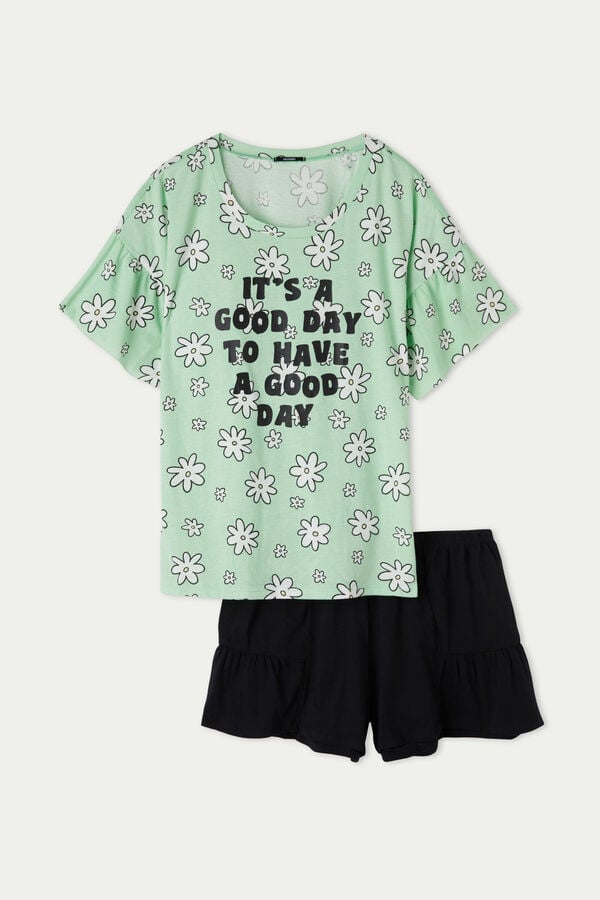 Kurzer Pyjama mit halblangen Ärmeln und Good Day Print  