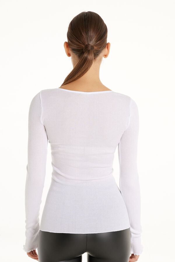 Ribbed 100% Cotton and Satin Long Sleeve Top  