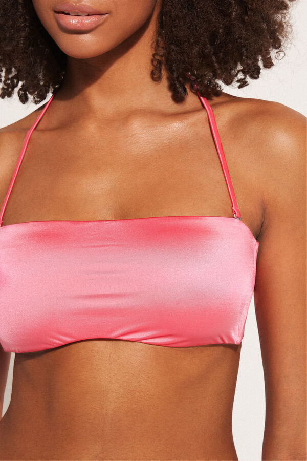 Shiny Summer Pink Removable Padding Bandeau Bikini Top  