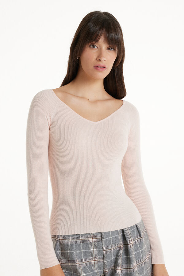 Long-Sleeved Ribbed Wool V-Neck Sweater  