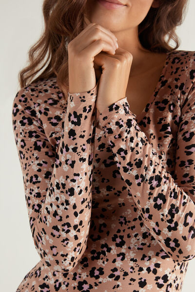 Long-Sleeved Shirt with Wide-Neck and Printed Viscose