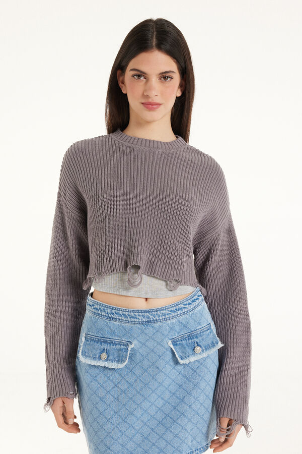 Long-Sleeved Ribbed Crop Top with Torn Hem  