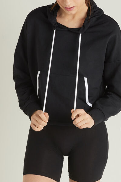 Cropped Cotton Hoodie Sweatshirt with Piping
