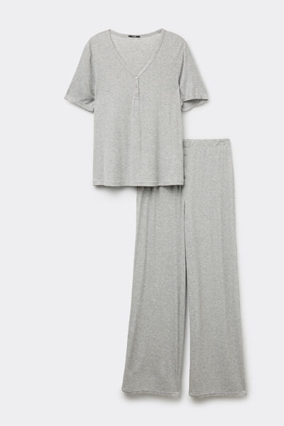 Langer Pyjama mit kurzen &Auml;rmeln aus gerippter Viskose