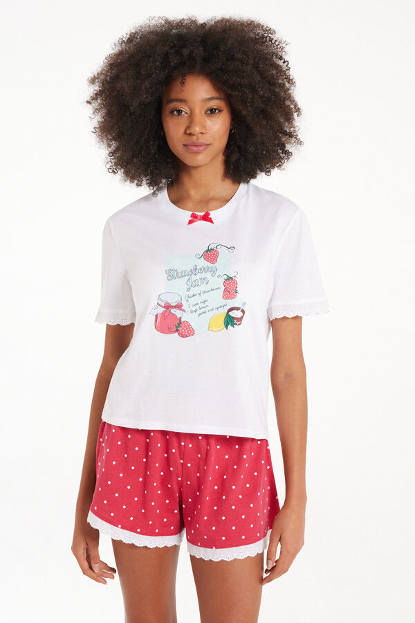 Short-Sleeved Short Cotton Pajamas with Strawberry Print  