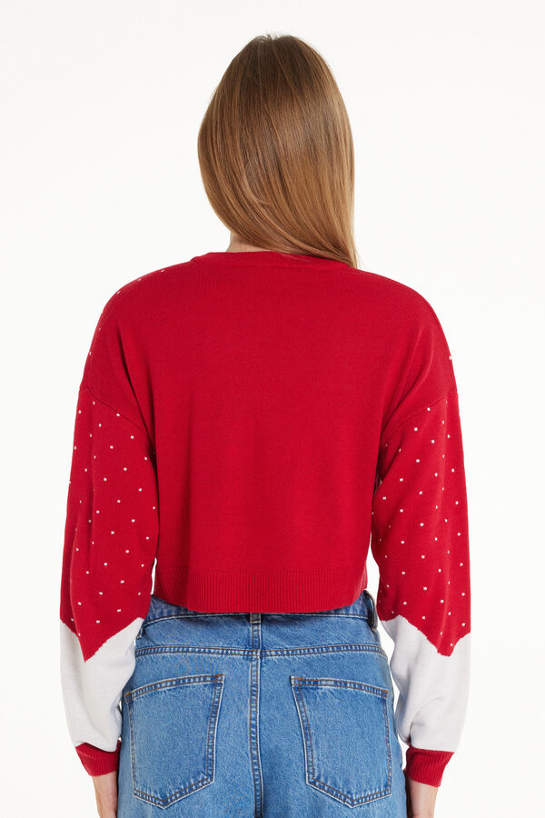 Long-Sleeved Cropped V-Neck Sweater with Christmas Print  