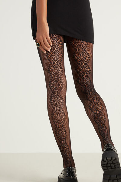 Close Fishnet Tights with Lace-Effect Pattern