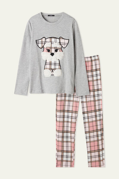 Langer Pyjama für Mädchen mit Hunde-Aufnäher