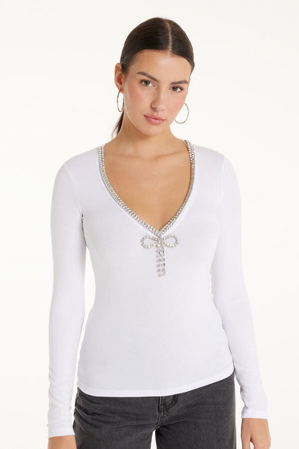 Long-Sleeved Viscose Top with Jewel  