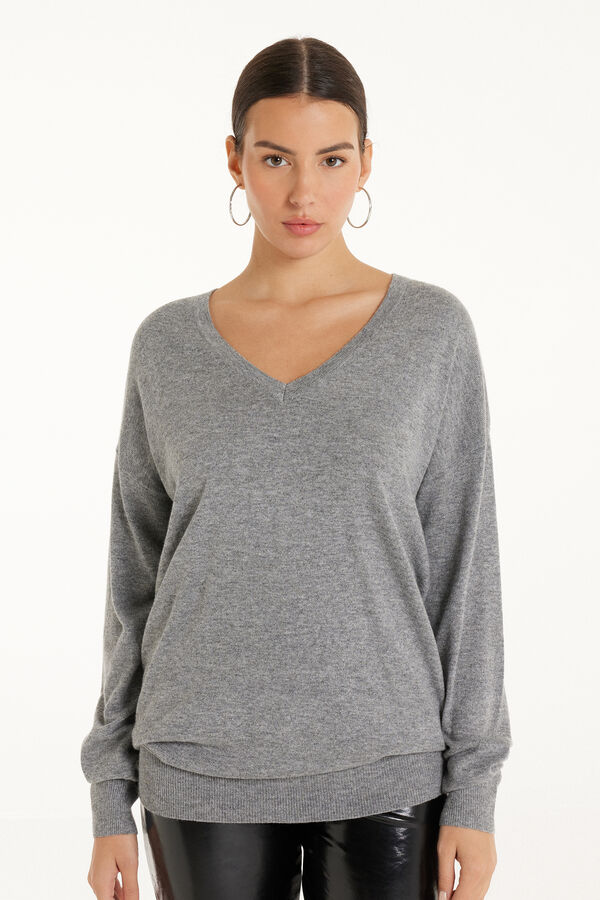 Long-Sleeved V-Neck Heavy Jersey with Wool  