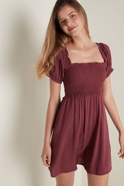Short Sleeve Dress in Stitched-Smock Viscose