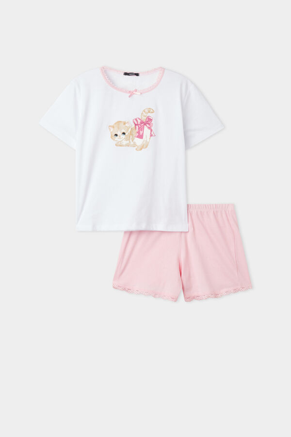 Girls’ Cat Print Short Cotton Pajamas  
