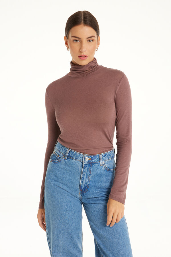 Viscose and Merino Wool Polo Neck Top  