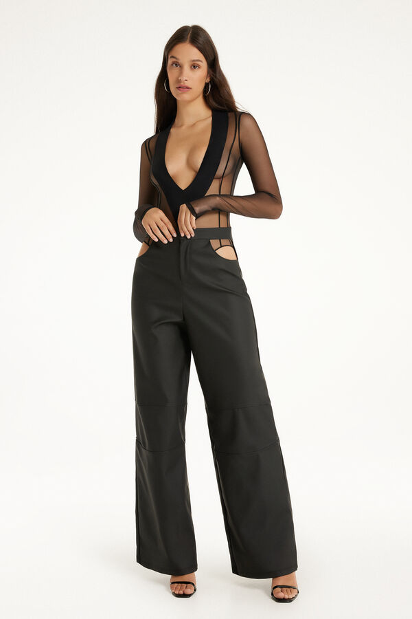 Opaque Coated-Effect Cut-Out Palazzo Pants  