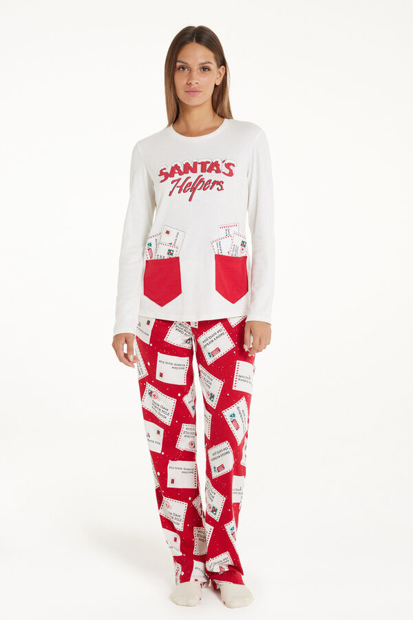 Pijama Largo de Algodón Grueso con Estampado Navideño  