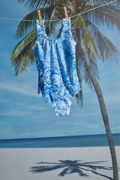 Badeanzug für Mädchen mit jeansblauem Paisleymuster