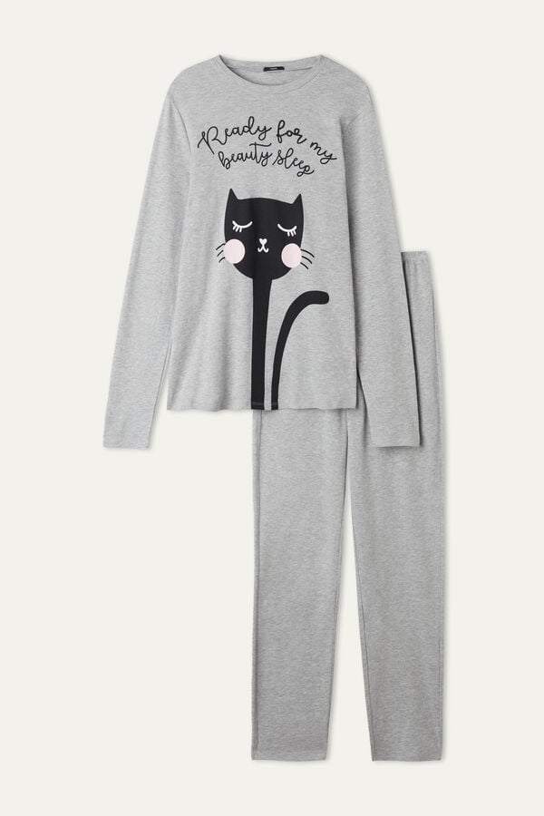 Dlouhé Bavlněné Pyžamo Potisk Kočka  