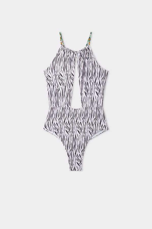 Pretty Flower Zebra Plunge One-Piece Swimsuit  